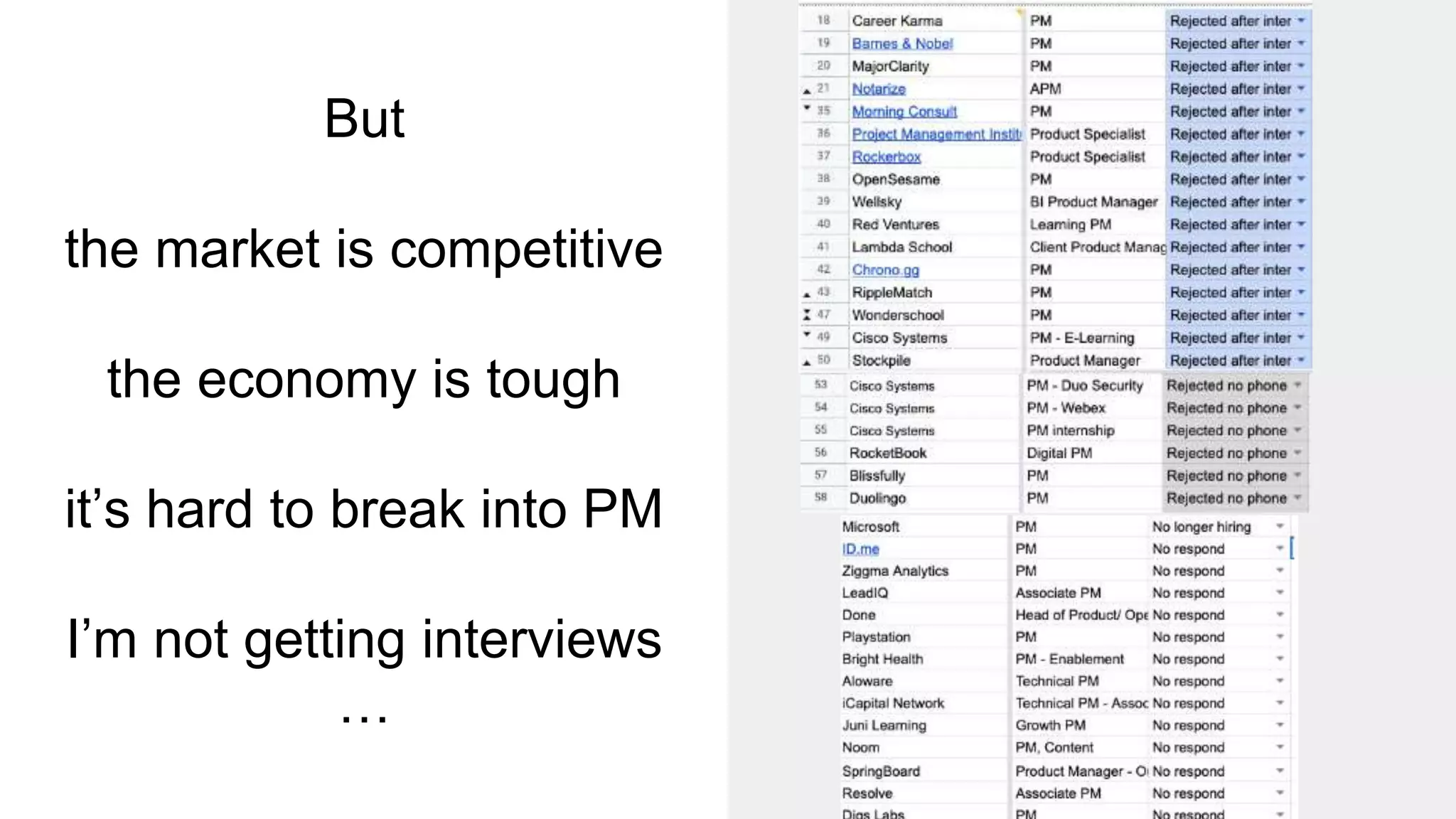 But
the market is competitive
the economy is tough
it’s hard to break into PM
I’m not getting interviews
…
 