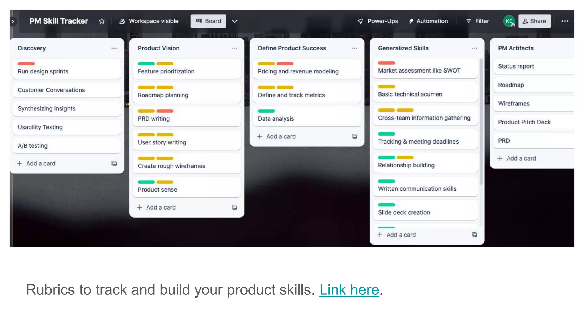 Rubrics to track and build your product skills. Link here.
 