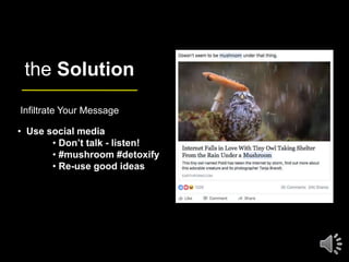 the Solution
Infiltrate Your Message
• Use social media
• Don’t talk - listen!
• #mushroom #detoxify
• Re-use good ideas
 