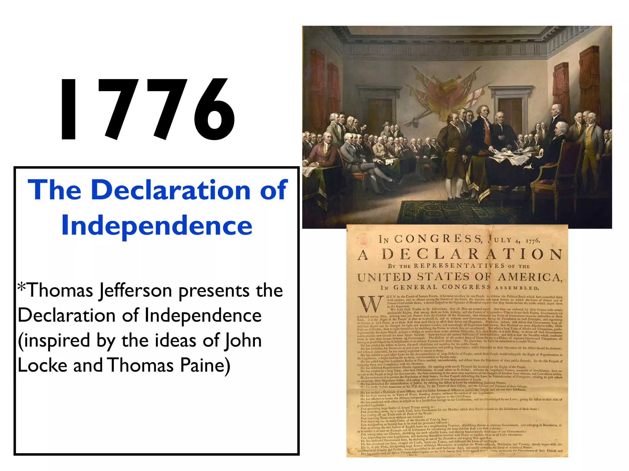 1776
The Declaration of
Independence
*Thomas Jefferson presents the
Declaration of Independence
(inspired by the ideas of John
Locke and Thomas Paine)
 