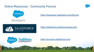 Online Resources - Community Forums
https://developer.salesforce.com/forums
https://salesforce.stackexchange.com/
https://success.salesforce.com/
 