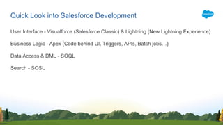 User Interface - Visualforce (Salesforce Classic) & Lightning (New Lightning Experience)
Business Logic - Apex (Code behind UI, Triggers, APIs, Batch jobs…)
Data Access & DML - SOQL
Search - SOSL
Quick Look into Salesforce Development
 