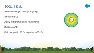 SOQL & DML
Salesforce Object Query Language
Similar to SQL
Ability to traverse object relationship
Built into APEX
DML support in APEX to perform CRUD
 