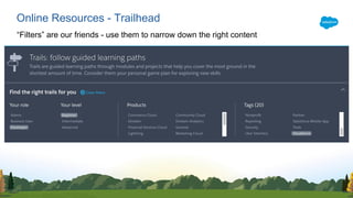 Online Resources - Trailhead
“Filters” are our friends - use them to narrow down the right content
 