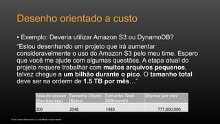 © 2016, Amazon Web Services, Inc. or its Affiliates. All rights reserved.
Desenho orientado a custo
• Exemplo: Deveria utilizar Amazon S3 ou DynamoDB?
“Estou desenhando um projeto que irá aumentar
consideravelmente o uso do Amazon S3 pelo meu time. Espero
que você me ajude com algumas questões. A etapa atual do
projeto requere trabalhar com muitos arquivos pequenos,
talvez chegue a um bilhão durante o pico. O tamanho total
deve ser na orderm de 1.5 TB por mês…”
Taxa de acesso
(Escritas/seg)
Tamanho Objeto
(Bytes)
Tamanho Total
(GB/month)
Objetos por mês
300 2048 1483 777,600,000
 