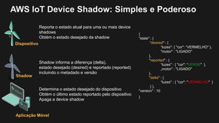 AWS IoT Device Shadow: Simples e Poderoso
{
"state" : {
“desired" : {
“luzes": { "cor": “VERMELHO" },
"motor" : "LIGADO"
},
"reported" : {
“luzes" : { "cor": “VERDE" },
„motor" : "LIGADO"
},
"delta" : {
“luzes" : { "cor": "VERMELHO" }
} },
"version" : 10
}
Dispositivo
Reporta o estado atual para uma ou mais device
shadows
Obtém o estado desejado da shadow
Aplicação Móvel
Determina o estado desejado do dispositivo
Obtém o último estado reportado pelo dispositivo
Apaga a device shadow
Shadow
Shadow informa a diferença (delta),
estado desejado (desired) e reportado (reported)
incluindo o metadado e versão
 