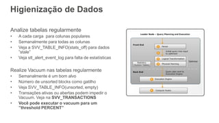 Higienização de Dados
Analize tabelas regularmente
• A cada carga para colunas populares
• Semanalmente para todas as colunas
• Veja a SVV_TABLE_INFO(stats_off) para dados
”stale”
• Veja stl_alert_event_log para falta de estatísticas
Realize Vacuum nas tabelas regularmente
• Semanalmente é um bom alvo
• Número de unsorted blocks como gatilho
• Veja SVV_TABLE_INFO(unsorted, empty)
• Transações ativas ou abertas podem impedir o
Vacuum. Veja na SVV_TRANSACTIONS
• Você pode executar o vacuum para um
”threshold PERCENT”
 