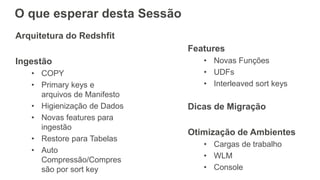 Arquitetura do Redshfit
Ingestão
• COPY
• Primary keys e
arquivos de Manifesto
• Higienização de Dados
• Novas features para
ingestão
• Restore para Tabelas
• Auto
Compressão/Compres
são por sort key
Features
• Novas Funções
• UDFs
• Interleaved sort keys
Dicas de Migração
Otimização de Ambientes
• Cargas de trabalho
• WLM
• Console
O que esperar desta Sessão
 