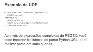 Exemplo de UDF
CREATE FUNCTION f_hostname (VARCHAR url)
RETURNS varchar
IMMUTABLE AS $$
import urlparse
return urlparse.urlparse(url).hostname
$$ LANGUAGE plpythonu;
 