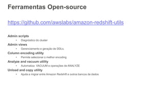Ferramentas Open-source
https://github.com/awslabs/amazon-redshift-utils
Admin scripts
• Diagnóstico do cluster
Admin views
• Gerenciamento e geração de DDLs.
Column encoding utility
• Permite selecionar o melhor encoding
Analyze and vacuum utility
• Automatiza VACUUM e operações de ANALYZE
Unload and copy utility
• Ajuda a migrar entre Amazon Redshift e outros bancos de dados
 