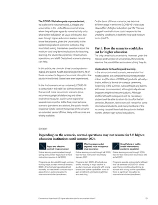 Exhibit 1
GES 2020
Coronavirus How should US higher education plan for an uncertain future
Exhibit 1 of 2
Depending on the scenario, normal operations may not resume for US higher-
education institutions until summer 2021.
Online learning predominates through
spring and summer 2020; face-to-face
instruction resumes in fall 2020
Programs are disrupted through summer,
hurting major auxiliary revenue streams;
2020–21 school year operates almost
normally, but new health controls stay in
place; there is some disruption to
international-student enrollment
Online learning occurs through fall 2020;
face-to-face instruction resumes by
January 2021
Programs start 2020–21 school year
online, resulting in major decline in
auxiliary revenues; programs with strong
brands and online capabilities stand to
gain enrollment amid spike in attrition
and switching
Online learning occurs through 2020;
face-to-face instruction resumes as late
as fall 2021
Programs operate online only for at least
first full semester of 2020–21 school
year; there is continued switching to
schools with strong online capabilities;
there is significant disruption to
international-student enrollment
Rapid and effective
control: virus contained
Effective response but
(regional) virus resurgence:
virus recurrence
Broad failure of public-
health interventions:
pandemic escalation
The COVID-19 challenge is unprecedented;
its scale still is not understood. Colleges and
universities in the United States cannot know
when they will open again to normal activity or to
what extent education as usual will resume. But
even though higher-education leaders cannot
know the answers, given the uncertainty in the
epidemiological and economic outlooks, they
must start asking themselves questions about the
medium- and long-term implications for teaching,
learning, the student experience, infrastructure,
operations, and staff. Disciplined scenario planning
can help.
In this article, we consider three broad epidemio-
logical and public-health scenarios (Exhibit 1). All of
these represent a degree of economic disruption few
adults in the United States have ever experienced.
In the first scenario (virus contained), COVID-19
is contained in the next two to three months. In
the second, more pessimistic scenario (virus
recurrence), physical distancing and other
restrictive measures last in some regions for
several more months. In the final, most extreme
scenario (pandemic escalation), the public-health
response fails to control the spread of the virus for
an extended period of time, likely until vaccines are
widely available.
On the basis of these scenarios, we examine
different ways in which the COVID-19 crisis could
play out for US higher education (part 1). Then we
suggest how institutions could respond to the
unfolding conditions in both the near and medium
terms (part 2).
Part 1: How the scenarios could play
out for higher education
The only certainty is uncertainty. However, given the
mission and function of universities, they need to
examine the possibilities across everything they do.
Implications for teaching and learning
In the virus-contained scenario, we envision that
most students will complete the current semester
online, and the class of 2020 will graduate virtually—
that is, without a formal on-campus ceremony.
Beginning in the summer, rules on travel and events
will loosen to some extent, although study-abroad
programs might not resume just yet. Although
additional health safeguards will be necessary,
students will be able to return to class for the fall
semester. However, restrictions will remain for some
international students, and many members of the
incoming class will have had disruption in the last
months of their high-school educations.
Coronavirus: How should US higher education plan for an uncertain future? 121
 