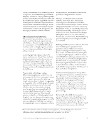 The CEO doesn’t have to be the chief delivery officer.
During a crisis, it’s best if the message comes from
the person viewed as an authority on the subject. For
business continuity, that person may well be the CEO.
But for other topics, people may prefer to hear from a
health expert, the leader of the organization’s crisis-
response team, or even their own manager. Provide
common talking points for all leaders and empower
communication—via town halls, through email, text
messaging or internal social media platforms.
Choose candor over charisma
After establishing baseline safety requirements,
leaders must help individuals cope emotionally
with the trauma of sudden change and adjustment
to a new, postcrisis normal. (COVID-19 threats to
health and safety are likely to linger for some time,
so new messages should be layered atop regular
safety reminders.)
Leaders trying to help employees adjust after
trauma need a reservoir of trust. Those who fail to
build trust quickly in crises lose their employees’
confidence. People expect credible and relevant
information; when stakeholders believe they are
being misled or that risks are being downplayed,
they lose confidence. To build trust, leaders should
do the following:
Focus on facts—without sugar coating.
Differentiate clearly between what is known and
unknown, and don’t minimize or speculate. In crises
like the one we’re facing now, “the facts” may
include bad news about the state of the organization
or changes that will be painful for people. Research
shows that some leaders, used to feeling highly
effective and in control, avoid acknowledging
uncertainty and bad news because they find it
stressful or guilt inducing, or they fear negative
reactions from an audience.10
But unfounded
optimism can backfire. In 1990, during the United
Kingdom’s mad-cow-disease crisis, a government
minister fed his daughter a hamburger in front of TV
cameras and declared that British beef had never
been safer, despite evidence to the contrary. Rather
than boost morale, this effort only further eroded
public trust in the government’s response.11
When you are not able to communicate with
certainty—for example, about when physical
distancing and travel restrictions will be lifted—
avoid hard and fast estimates (for example, “There’s
a 60 percent chance that we’ll be back to normal by
September.”). Instead, be explicit that you’re sharing
an opinion, acknowledge uncertainty, and give the
criteria you will use to determine a course of action
(“It’s my hope that we are back online in the fall;
however, that is far from certain. We will be following
government guidance when making decisions for
our business.”)
Be transparent. Transparency builds trust. Research
shows that transparent operations improve
perceptions of trust and that communicators
perceived to have good intentions are more likely
to be trusted, even if their decisions ultimately turn
out to be wrong. Give people a behind-the-scenes
view of the different options you are considering. For
example, many governments, including Canada and
the Netherlands, have begun publishing extended
timelines during which protective measures will be
in place. Whether or not those timelines hold true,
such difficult messages to deliver ultimately serve to
build greater trust among listeners.
Involve your audience in decision making. When
making operational decisions, involve stakeholders.
For example, many universities have informed
students that commencement this year will not
take place as planned. Rather than canceling
commencement outright, several universities
have instead used short, simple communication to
elicit students’ ideas for staging commencement
differently, preserving some of commencement’s
positive energy.
Demonstrate vulnerability. Judiciously share
your own feelings and acknowledge the personal
effects of emotional turmoil. Research shows that
demonstrating vulnerability, such as grief over
shared losses or authentic feelings about the impact
of changes on employees, can help build trust.
10
Research shows that leaders are often uncomfortable giving bad news; for more, see Robert J. Bies, “The delivery of bad news in 		
organizations: A framework for analysis, Journal of Management, 2013, Volume 39, Number 1, pp. 136–62.
11
David Robson, “Covid-19: What makes a good leader during a crisis?,” BBC, March 27, 2020, bbc.com.
A leader’s guide: Communicating with teams, stakeholders, and communities during COVID-19 29
 