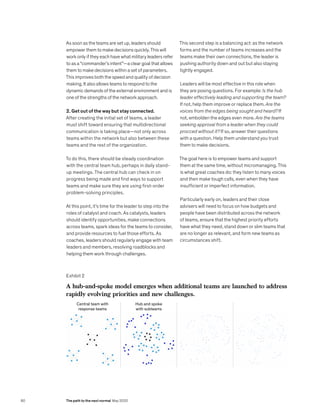 As soon as the teams are set up, leaders should
empower them to make decisions quickly. This will
work only if they each have what military leaders refer
to as a “commander’s intent”—a clear goal that allows
them to make decisions within a set of parameters.
This improves both the speed and quality of decision
making. It also allows teams to respond to the
dynamic demands of the external environment and is
one of the strengths of the network approach.
2. Get out of the way but stay connected.
After creating the initial set of teams, a leader
must shift toward ensuring that multidirectional
communication is taking place—not only across
teams within the network but also between these
teams and the rest of the organization.
To do this, there should be steady coordination
with the central team hub, perhaps in daily stand-
up meetings. The central hub can check in on
progress being made and find ways to support
teams and make sure they are using first-order
problem-solving principles.
At this point, it’s time for the leader to step into the
roles of catalyst and coach. As catalysts, leaders
should identify opportunities, make connections
across teams, spark ideas for the teams to consider,
and provide resources to fuel those efforts. As
coaches, leaders should regularly engage with team
leaders and members, resolving roadblocks and
helping them work through challenges.
This second step is a balancing act: as the network
forms and the number of teams increases and the
teams make their own connections, the leader is
pushing authority down and out but also staying
tightly engaged.
Leaders will be most effective in this role when
they are posing questions. For example: Is the hub
leader effectively leading and supporting the team?
If not, help them improve or replace them. Are the
voices from the edges being sought and heard? If
not, embolden the edges even more. Are the teams
seeking approval from a leader when they could
procced without it? If so, answer their questions
with a question. Help them understand you trust
them to make decisions.
The goal here is to empower teams and support
them at the same time, without micromanaging. This
is what great coaches do: they listen to many voices
and then make tough calls, even when they have
insufficient or imperfect information.
Particularly early on, leaders and their close
advisers will need to focus on how budgets and
people have been distributed across the network
of teams, ensure that the highest priority efforts
have what they need, stand down or slim teams that
are no longer as relevant, and form new teams as
circumstances shift.
Exhibit 2
GES 2020
To weather a crisis, build a network of teams
Exhibit 2 of 4
A hub-and-spoke model emerges when additional teams are launched to address
rapidly evolving priorities and new challenges.
Central team with
response teams
Hub and spoke
with subteams
80 The path to the next normal May 2020
 