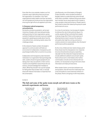Even after the crisis subsides, leaders can find
a dynamic way of allocating resources across
the organization. For example, in the “helix”
organizational model, leaders and their top teams
can shift people and money across the organization,
ensuring the right efforts are applied to priorities.
3. Champion radical transparency
and authenticity.
During the coronavirus pandemic, we’ve seen
instances of leaders who have behaved boldly,
setting priorities for their organizations, going
outside of traditional channels to procure needed
equipment, speaking personally about how the
crisis affects them, and being realistic about the
challenges ahead.
In the network of teams context, the leader’s
approach to communication will foster an
environment of collaboration, transparency, and
psychological safety that is crucial to its success.
Collaboration and transparency take hold when
individuals in an organization feel psychologically
safe. Leaders should recognize people who are
taking smart risks, be authentic in their commu-
nications and empathetic toward those who are
anxious, and acknowledge their mistakes to
others. What they shouldn’t do is punish people
for failing when they’ve taken risks, or exclude
those with relevant information or expertise from
the conversation.
Julia Rozovsky, one of the leaders of Google’s
Project Aristotle—which studied hundreds of
Google’s teams to understand why some did well
while others stumbled—believes that groups where
each member has an equal opportunity to speak is
a key variable to team performance. People need to
feel invited to share their ideas by the group for peak
performance to occur.
In a crisis of uncertainty, it can be easy for leaders
to embrace the role of sole authority figure. For
a while, people will feel comforted that a leader
is taking charge. But if that is at the expense of
allowing diverse views to assess the situation,
anticipate what might be coming, and land on
creative solutions to novel problems, then the teams’
performance will be suboptimal.
As the crisis unfolds and new needs emerge, panel
three shows how this empowered crisis-response
structure should evolve and grow, expanding
naturally from the initial set of response teams to
include additional subteams around each spoke.
Teams whose work is interrelated, which will be
commonplace, should connect directly with one
another, not necessarily turning to the hub to share
information and make joint decisions.
When leaders foster connections between and
among teams, that will move the model away from
a hub and spoke to a more extensive network. In
this phase, there’s a lot going on with many teams.
Exhibit 3
GES 2020
To weather a crisis, build a network of teams
Exhibit 3 of 4
The hub and some of the spoke teams morph and add more teams as the
network experiments and learns.
Central team with
response teams
Hub and spoke
with subteams
Hub and spoke with
additional subteams
81
To weather a crisis, build a network of teams
 