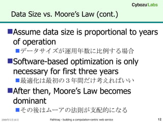 Data Size vs. Moore’s Law (cont.) Assume data size is proportional to years of operation データサイズが運用年数に比例する場合 Software-based optimization is only necessary for first three years 最適化は最初の３年間だけ考えればいい After then, Moore’s Law becomes dominant その後はムーアの法則が支配的になる 