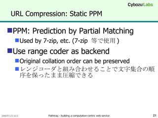 URL Compression: Static PPM PPM: Prediction by Partial Matching Used by 7-zip, etc. (7-zip  等で使用 ) Use range coder as backend Original collation order can be preserved レンジコーダと組み合わせることで文字集合の順序を保ったまま圧縮できる 