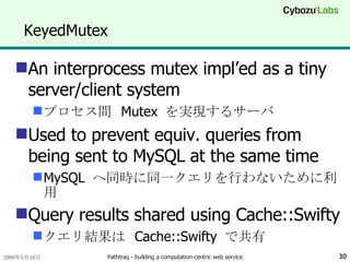 KeyedMutex An interprocess mutex impl’ed as a tiny server/client system プロセス間  Mutex  を実現するサーバ Used to prevent equiv. queries from being sent to MySQL at the same time MySQL  へ同時に同一クエリを行わないために利用 Query results shared using Cache::Swifty クエリ結果は  Cache::Swifty  で共有 