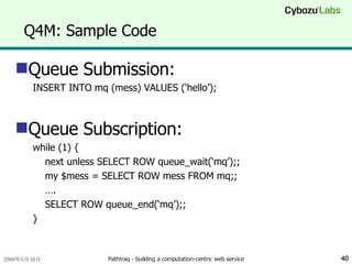 Q4M: Sample Code Queue Submission: INSERT INTO mq (mess) VALUES (‘hello’); Queue Subscription: while (1) { next unless SELECT ROW queue_wait(‘mq’);; my $mess = SELECT ROW mess FROM mq;; … . SELECT ROW queue_end(‘mq’);; } 
