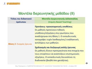 Τίτλος του διδακτικού
πρότυπου
Μοντέλο Διερευνητικής Διδασκαλίας
(Inquiry Based Teaching)
Φάση 2: Ενεργός έρευνα
Προτάσεις...