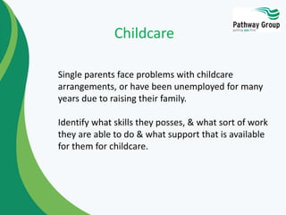 Childcare
Single parents face problems with childcare
arrangements, or have been unemployed for many
years due to raising their family.
Identify what skills they posses, & what sort of work
they are able to do & what support that is available
for them for childcare.
 