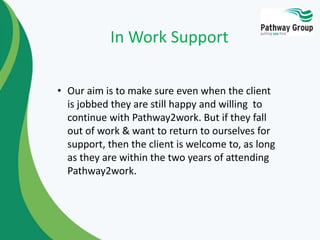 • Our aim is to make sure even when the client
is jobbed they are still happy and willing to
continue with Pathway2work. But if they fall
out of work & want to return to ourselves for
support, then the client is welcome to, as long
as they are within the two years of attending
Pathway2work.
In Work Support
 