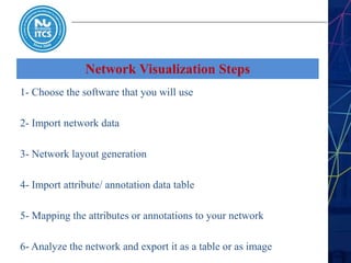 Network Visualization Steps
1- Choose the software that you will use
2- Import network data
3- Network layout generation
4- Import attribute/ annotation data table
5- Mapping the attributes or annotations to your network
6- Analyze the network and export it as a table or as image
 