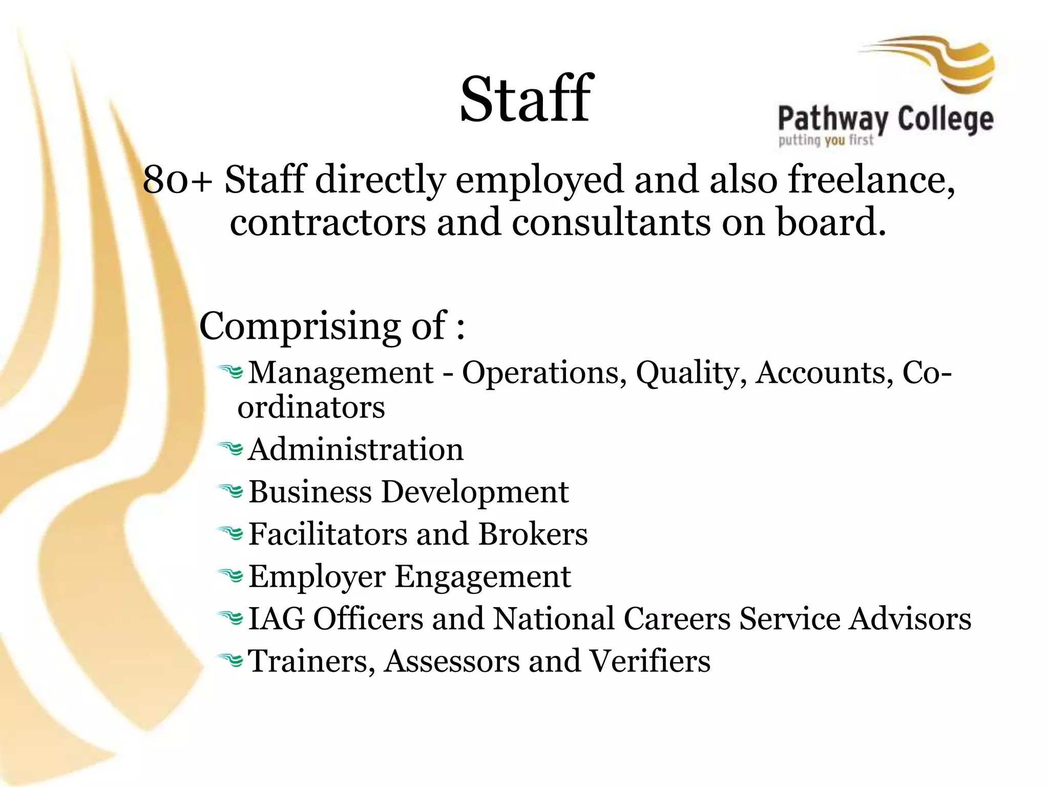 Staff
80+ Staff directly employed and also freelance,
contractors and consultants on board.
Comprising of :
Management - Operations, Quality, Accounts, Co-
ordinators
Administration
Business Development
Facilitators and Brokers
Employer Engagement
IAG Officers and National Careers Service Advisors
Trainers, Assessors and Verifiers
 