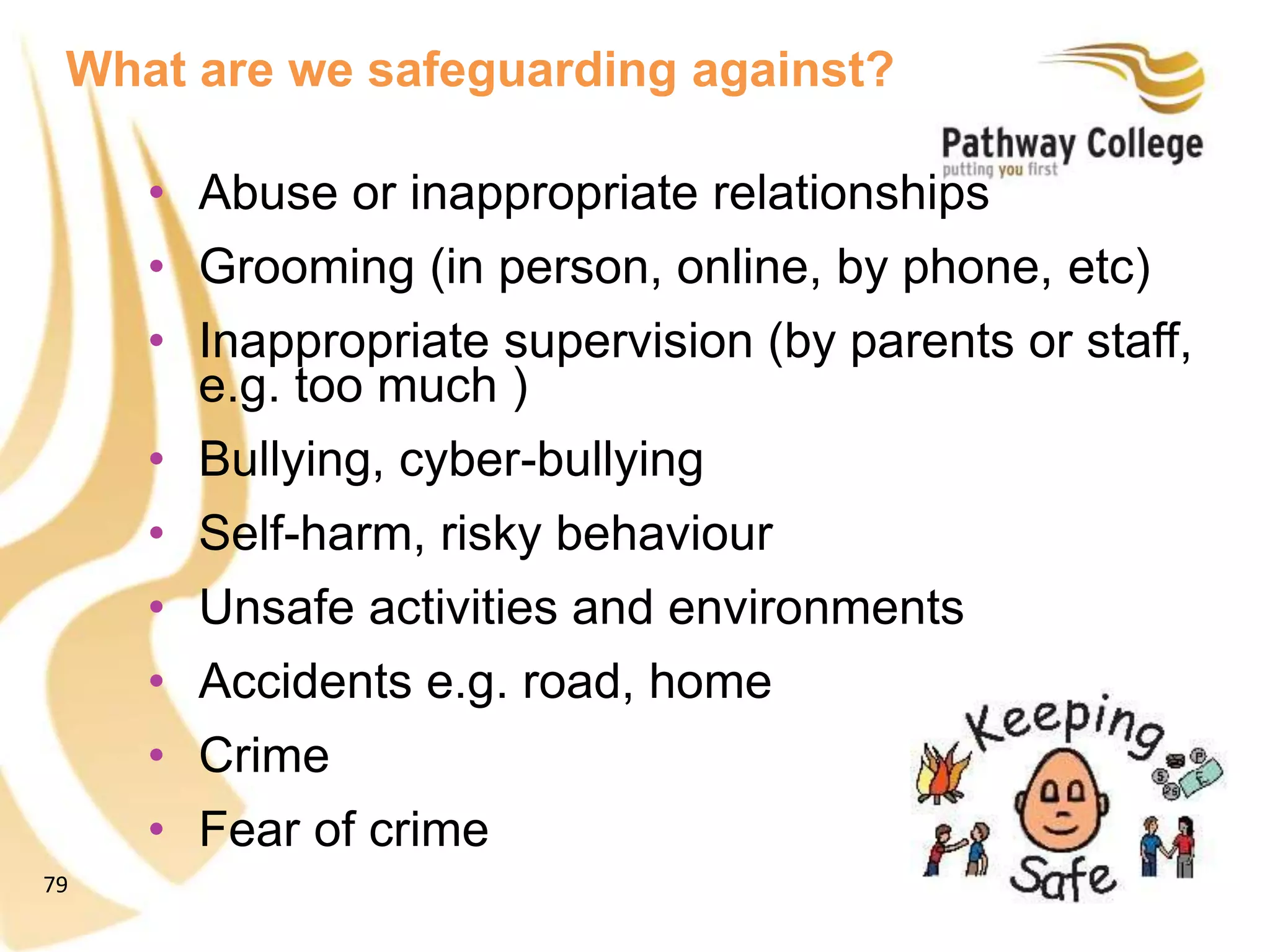 79
What are we safeguarding against?
• Abuse or inappropriate relationships
• Grooming (in person, online, by phone, etc)
• Inappropriate supervision (by parents or staff,
e.g. too much )
• Bullying, cyber-bullying
• Self-harm, risky behaviour
• Unsafe activities and environments
• Accidents e.g. road, home
• Crime
• Fear of crime
 