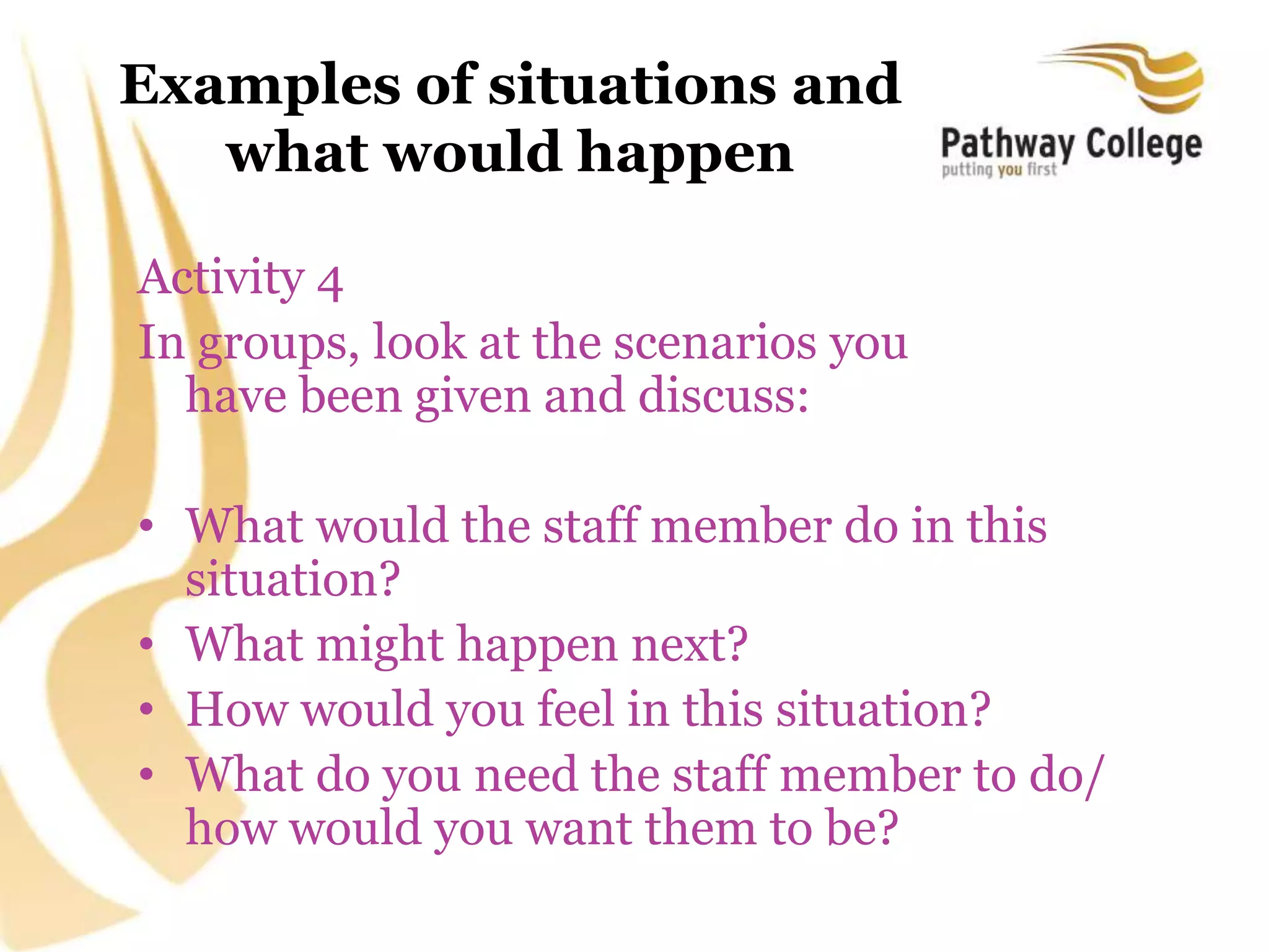 Examples of situations and
what would happen
Activity 4
In groups, look at the scenarios you
have been given and discuss:
• What would the staff member do in this
situation?
• What might happen next?
• How would you feel in this situation?
• What do you need the staff member to do/
how would you want them to be?
 