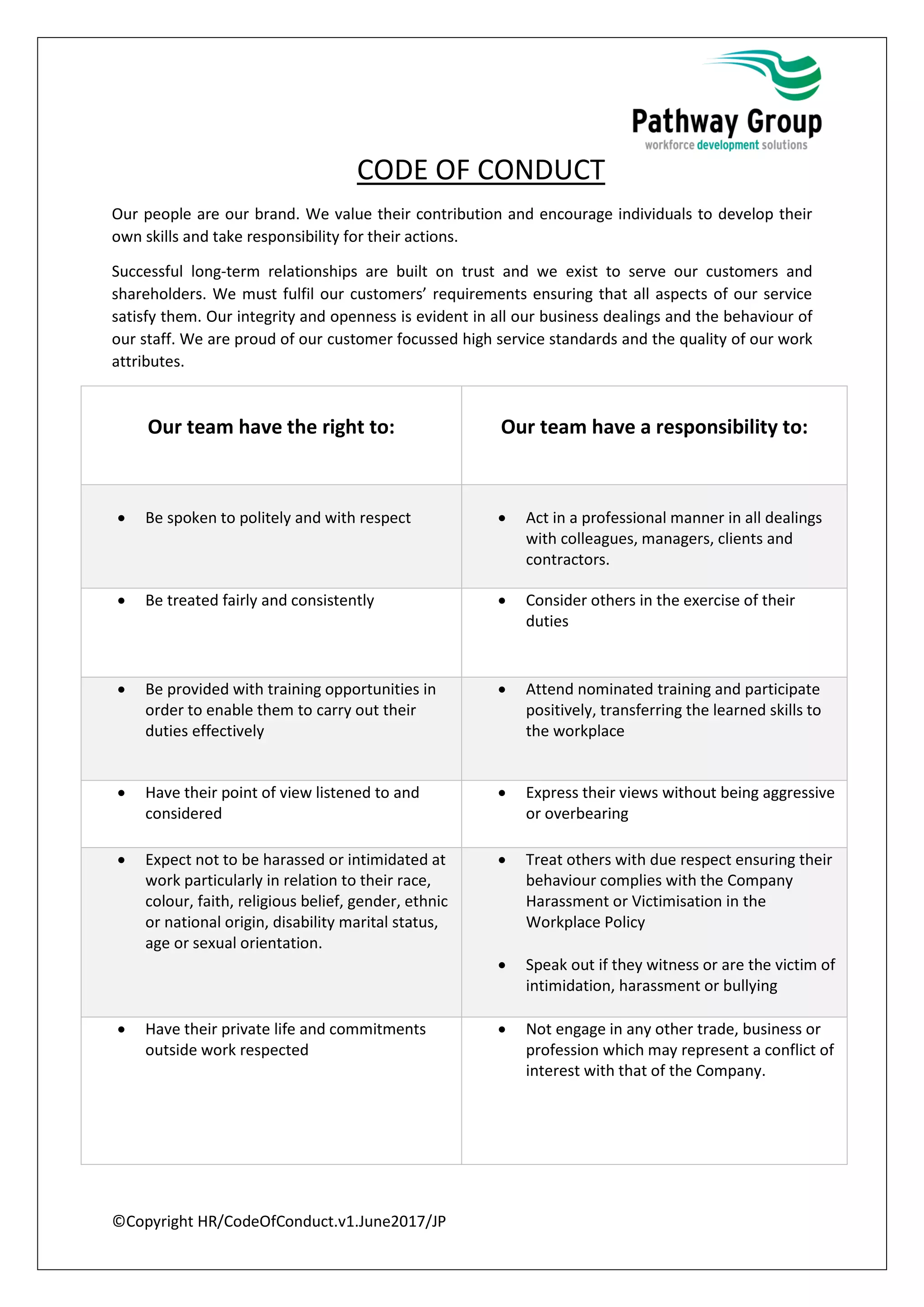 Pathway Group Code of Conduct V1 June 2017 | PDF