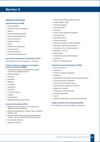 Section 3


Optional comptencies                                              •	 Planning and building regulatory controls
                                                                  •	 Health  Safety – CDM
Capital allowances (T008)
                                                                  •	 Monitoring progress
•	 Current legislation
                                                                  •	 Monitoring quality
•	 Capital and revenue expenditure
                                                                  •	 Insurances
•	 Taxation
                                                                  •	 Bonds / Parent Company Guarantees
•	 Capital Allowances legislation
                                                                  •	 Third party rights
•	 Claiming capital allowances
                                                                  •	 Payment provisions	
•	 Plant and machinery
                                                                  •	 Change procedures
•	 Industrial buildings
                                                                  •	 Sectional Completion / Partial Possession
•	 Hotels
                                                                  •	 Nominated / Named Subcontractors
•	 Research and development
                                                                  •	 Extensions of time / loss and expense
•	 Enterprise zones
                                                                  •	 Materials on / off site
•	 First year allowances
                                                                  •	 Determination
•	 Enhanced capital allowances
                                                                  •	 Liquidated and ascertained damages
Commercial management of construction (T010)                      •	 Completion
(If not selected as a Core competency – see above)                •	 Defects / rectification period


Conflict avoidance, management and dispute                        Corporate recovery and insolvency (T020)
resolution procedures (M006)                                      •	 Types of Insolvency
•	  ow standard forms of contract deal with conflict
   H                                                              •	 Bankruptcy
   avoidance and dispute resolution
                                                                  •	 Individual voluntary arrangement
•	 Conflict avoidance
                                                                  •	 Liquidation
•	 Partnering
                                                                  •	 Administrative receivership / Fixed charge receivership
•	 Negotiation
                                                                  •	 Company voluntary arrangement
•	 Mediation
                                                                  •	 Role of the QS if insolvency occurs
•	 Conciliation
                                                                  •	 Termination and suspension of contracts
•	 Adjudication
                                                                  •	 Assignment / novation
•	 Arbitration
                                                                  •	 Ownership of material and plant
•	 Pre-action Protocol
                                                                  •	 Bonds and guarantees
•	 Litigation
                                                                  •	 Set-off
•	 Expert Witness
                                                                  •	 RICS Information Paper on Construction Insolvency
•	 Independent Expert Determination

                                                                  Design economics and cost planning (T022)
Contract administration (T016)
                                                                  (If not selected as a Core competency – see above)
•	  tandard forms of Contract- JCT, GC Works, ICE,
   S
   NEC/ECC, ACA (PPC2000) etc
•	  oles and responsibilities of parties -client, contractors,
   R
   designers, Q.S
•	  ole and responsibilities of person administering the
   R
   contract – e.g. CA, Architect, EA, PM, Engineer etc.
•	 Co-ordination of parties
•	 Design co-ordination




                                                                        QUANTITY SURVEYING AND CONSTRUCTION                    55
 
