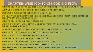 C H A P TER 1 5 ( O0 0 – O 9 A ) : P R EG N A N C Y, C H IL D BIRTH & P U ER P ER IU M
A LWAYS C O D E O - C O D ES F IR ST W H E N A PP LIC A B LE.
IN C L U D E W EEK S O F G ES TATIO N ( Z3 A .- ) .
FO L LO W S EQ U EN C IN G R U L ES ( U N D ER LY IN G C O N D IT IO N , O U TC O M E O F
D EL IV ERY, C O M P LIC ATIO N S ) .
C H A P TER 1 6 ( P0 0 –P 9 6) : N EWB O R N
C O D E BY BIRTH C O N D ITIO N ( PR EM AT U R ITY, BIRT H T R A U M A ,
R ES P IR ATO RY ISS U ES ) .
M ATE R N A L C O N D ITIO N S AFF EC T IN G N EWB O R N → P0 0 – P0 4 .
C H A P TER 1 7 ( Q0 0 – Q 9 9 ) : C O N G EN ITAL AN O M A LIE S
C O D E EX A C T C O N G EN ITAL AN O M A LY.
M U LT IPLE AN O M A L IES → C O D E EA C H .
C H A P TER 1 8 ( R 00 – R 9 9 ) : S Y M PTO M S & SI G N S
U S E W H E N N O D E FIN IT IV E D IA G N O SIS IS G IV EN .
D O N O T C O D E S Y M PTO M S IF T H EY AR E PART O F A C O N F IR M ED
D IA G N O SIS .
CHAPTER-WISE ICD-10-CM CODING FLOW
 