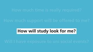 How much time is really required?
How much support will be offered to me?
How will study look for me?
Will I have exposure to uni social events?
 