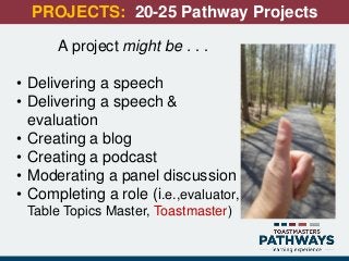 PROJECTS: 20-25 Pathway Projects
A project might be . . .
• Delivering a speech
• Delivering a speech &
evaluation
• Creating a blog
• Creating a podcast
• Moderating a panel discussion
• Completing a role (i.e.,evaluator,
Table Topics Master, Toastmaster)
 