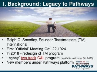 • Ralph C. Smedley, Founder-Toastmasters (TM)
International
• First “Official” Meeting Oct. 22,1924
• In 2018 - redesign of TM program
• Legacy” two track C&L program (available until June 30, 2020)
• New members under Pathways platform
I. Background: Legacy to Pathways
 