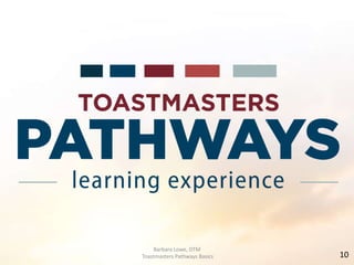 Barbara Lowe, DTM
Toastmasters Pathways Basics 10
 