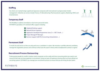 Staffing
Our clients are mainly foreign-capital and Japanese companies with international or progressively-minded
management. Industries we service include Finance, IT, Manufacturing, Pharmaceutical, Logistics, Marketing, FMCG and
Entertainment.


Temporary Staff
The flexibility to address immediate or short term personnel needs.
PATHWAYS specializes in IT and back office support including:

                              Helpdesk/Desktop support
                              Network/Server Engineers
                              Application Developer/Programmer (Java, C++, .NET, Oracle…)
                              Project Manager/IT Manager
                              Business Support Staff (PA, Accounting, Interpretation…)



Permanent Staff
A results-focused service so fees are only paid once a candidate is in place. We introduce carefully selected candidates,
manage the negotiation process and continue to fine-tune the search criteria until an employment contract is signed.



Recruitment Process Outsourcing
Finding great people for small to medium sized companies can be costly and time consuming when you need to use
resources that may not have expertise in recruitment. Using our years of experience during which we have refined our
recruiting systems, PATHWAYS can manage your recruitment process to ensure that you are hiring the best talent.
 