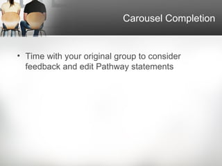 Carousel Completion


• Time with your original group to consider
  feedback and edit Pathway statements
 