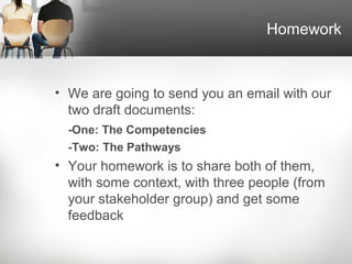 Homework



• We are going to send you an email with our
  two draft documents:
  -One: The Competencies
  -Two: The Pathways
• Your homework is to share both of them,
  with some context, with three people (from
  your stakeholder group) and get some
  feedback
 