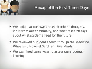 Recap of the First Three Days



• We looked at our own and each others’ thoughts,
  input from our community, and what research says
  about what students need for the future
• We reviewed our ideas shown through the Medicine
  Wheel and Howard Gardner’s Five Minds
• We examined some ways to assess our students’
  learning
 