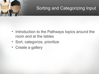 Sorting and Categorizing Input




• Introduction to the Pathways topics around the
  room and at the tables
• Sort, categorize, prioritize
• Create a gallery
 