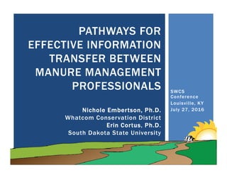 SWCS
Conference
Louisville, KY
July 27, 2016
PATHWAYS FOR
EFFECTIVE INFORMATION
TRANSFER BETWEEN
MANURE MANAGEMENT
PROFESSIONALS
Nichole Embertson, Ph.D.
Whatcom Conservation District
Erin Cortus, Ph.D.
South Dakota State University
 