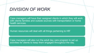 DIVISION OF WORK
Case managers will have their assigned clients in which they will work
with clients families and outside sources with transportation or home
health services.
Human resources will deal with all things pertaining to HR’
Case managers will also run the adult day care program to set up
activities for clients to keep them engaged throughout the day.
 