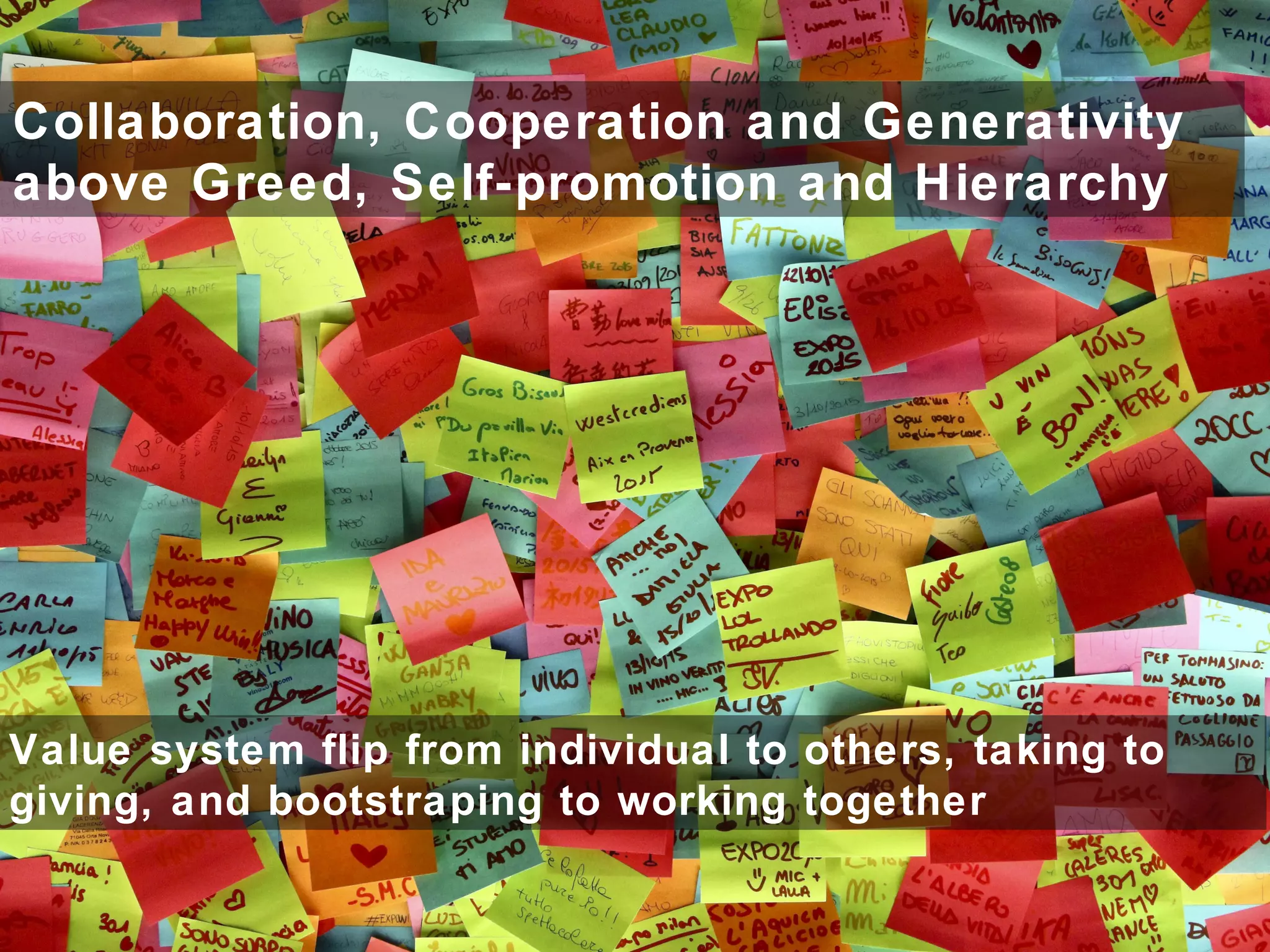 Collaboration, Cooperation and Generativity
above Greed, Self-promotion and Hierarchy
Value system flip from individual to others, taking to
giving, and bootstraping to working together
 