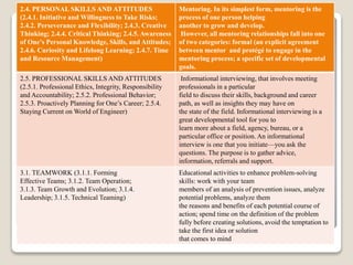 2.4. PERSONAL SKILLS AND ATTITUDES
(2.4.1. Initiative and Willingness to Take Risks;
2.4.2. Perseverance and Flexibility; 2.4.3. Creative
Thinking; 2.4.4. Critical Thinking; 2.4.5. Awareness
of One’s Personal Knowledge, Skills, and Attitudes;
2.4.6. Curiosity and Lifelong Learning; 2.4.7. Time
and Resource Management)
Mentoring. In its simplest form, mentoring is the
process of one person helping
another to grow and develop.
However, all mentoring relationships fall into one
of two categories: formal (an explicit agreement
between mentor and protégé to engage in the
mentoring process; a specific set of developmental
goals.
2.5. PROFESSIONAL SKILLS AND ATTITUDES
(2.5.1. Professional Ethics, Integrity, Responsibility
and Accountability; 2.5.2. Professional Behavior;
2.5.3. Proactively Planning for One’s Career; 2.5.4.
Staying Current on World of Engineer)
Informational interviewing, that involves meeting
professionals in a particular
field to discuss their skills, background and career
path, as well as insights they may have on
the state of the field. Informational interviewing is a
great developmental tool for you to
learn more about a field, agency, bureau, or a
particular office or position. An informational
interview is one that you initiate—you ask the
questions. The purpose is to gather advice,
information, referrals and support.
3.1. TEAMWORK (3.1.1. Forming
Effective Teams; 3.1.2. Team Operation;
3.1.3. Team Growth and Evolution; 3.1.4.
Leadership; 3.1.5. Technical Teaming)
Educational activities to enhance problem-solving
skills: work with your team
members of an analysis of prevention issues, analyze
potential problems, analyze them
the reasons and benefits of each potential course of
action; spend time on the definition of the problem
fully before creating solutions, avoid the temptation to
take the first idea or solution
that comes to mind
 