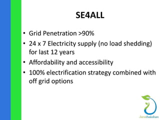 SE4ALL 
• Grid Penetration >90% 
• 24 x 7 Electricity supply (no load shedding) 
for last 12 years 
• Affordability and ac...