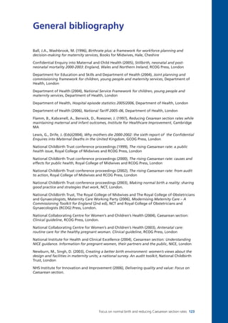 Focus on normal birth and reducing Caesarean section rates 123
General bibliography
Ball, J.A., Washbrook, M. (1996), Birthrate plus: a framework for workforce planning and
decision-making for maternity services, Books for Midwives, Hale, Cheshire
Confidential Enquiry into Maternal and Child Health (2005), Stillbirth, neonatal and post-
neonatal mortality 2000-2003: England, Wales and Northern Ireland, RCOG Press, London
Department for Education and Skills and Department of Health (2004), Joint planning and
commissioning framework for children, young people and maternity services, Department of
Health, London
Department of Health (2004), National Service Framework for children, young people and
maternity services, Department of Health, London
Department of Health, Hospital episode statistics 2005/2006, Department of Health, London
Department of Health (2006), National Tariff 2005–06, Department of Health, London
Flamm, B., Kabcenell, A., Berwick, D., Roessner, J. (1997), Reducing Cesarean section rates while
maintaining maternal and infant outcomes, Institute for Healthcare Improvement, Cambridge
MA
Lewis, G., Drife, J. (Eds)(2004), Why mothers die 2000-2002: the sixth report of the Confidential
Enquires into Maternal Deaths in the United Kingdom, GCOG Press, London
National Childbirth Trust conference proceedings (1999), The rising Caesarean rate: a public
health issue, Royal College of Midwives and RCOG Press, London
National Childbirth Trust conference proceedings (2000), The rising Caesarean rate: causes and
effects for public health, Royal College of Midwives and RCOG Press, London
National Childbirth Trust conference proceedings (2002), The rising Caesarean rate: from audit
to action, Royal College of Midwives and RCOG Press, London
National Childbirth Trust conference proceedings (2003), Making normal birth a reality: sharing
good practice and strategies that work, NCT, London.
National Childbirth Trust, The Royal College of Midwives and The Royal College of Obstetricians
and Gynaecologists, Maternity Care Working Party (2006), Modernising Maternity Care – A
Commissioning Toolkit for England (2nd ed), NCT and Royal College of Obstetricians and
Gynaecologists (RCOG) Press, London.
National Collaborating Centre for Women’s and Children’s Health (2004), Caesarean section:
Clinical guideline, RCOG Press, London.
National Collaborating Centre for Women’s and Children’s Health (2003), Antenatal care:
routine care for the healthy pregnant woman. Clinical guideline, RCOG Press, London
National Institute for Health and Clinical Excellence (2004), Caesarean section: Understanding
NICE guidance. Information for pregnant women, their partners and the public, NICE, London
Newburn, M., Singh, D. (2003), Creating a better birth environment: women’s views about the
design and facilities in maternity units; a national survey. An audit toolkit, National Childbirth
Trust, London
NHS Institute for Innovation and Improvement (2006), Delivering quality and value: Focus on
Caesarean section.
Focus_On_Caesarean_16April10:Layout 1 10/6/10 16:36 Page 123
 