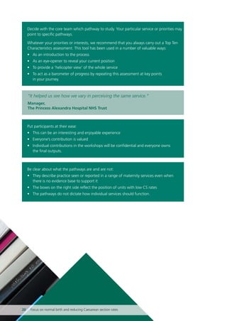 Decide with the core team which pathway to study. Your particular service or priorities may
point to specific pathways.
Whatever your priorities or interests, we recommend that you always carry out a Top Ten
Characteristics assessment. This tool has been used in a number of valuable ways:
• As an introduction to the process
• As an eye-opener to reveal your current position
• To provide a ‘helicopter view’ of the whole service
• To act as a barometer of progress by repeating this assessment at key points
in your journey.
“It helped us see how we vary in perceiving the same service.”
Manager,
The Princess Alexandra Hospital NHS Trust
Put participants at their ease:
• This can be an interesting and enjoyable experience
• Everyone’s contribution is valued
• Individual contributions in the workshops will be confidential and everyone owns
the final outputs.
Be clear about what the pathways are and are not:
• They describe practice seen or reported in a range of maternity services even when
there is no evidence base to support it
• The boxes on the right side reflect the position of units with low CS rates
• The pathways do not dictate how individual services should function.
20 Focus on normal birth and reducing Caesarean section rates
Focus_On_Caesarean_16April10:Layout 1 10/6/10 16:34 Page 20
 