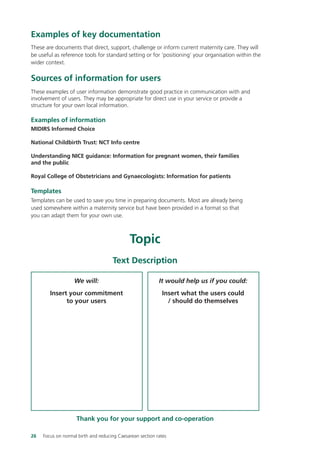 Examples of key documentation
These are documents that direct, support, challenge or inform current maternity care. They will
be useful as reference tools for standard setting or for ‘positioning’ your organisation within the
wider context.
Sources of information for users
These examples of user information demonstrate good practice in communication with and
involvement of users. They may be appropriate for direct use in your service or provide a
structure for your own local information.
Examples of information
MIDIRS Informed Choice
National Childbirth Trust: NCT Info centre
Understanding NICE guidance: Information for pregnant women, their families
and the public
Royal College of Obstetricians and Gynaecologists: Information for patients
Templates
Templates can be used to save you time in preparing documents. Most are already being
used somewhere within a maternity service but have been provided in a format so that
you can adapt them for your own use.
26 Focus on normal birth and reducing Caesarean section rates
Topic
Text Description
We will:
Insert your commitment
to your users
It would help us if you could:
Insert what the users could
/ should do themselves
Thank you for your support and co-operation
Focus_On_Caesarean_16April10:Layout 1 10/6/10 16:34 Page 26
 