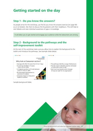 Sample background slides
• The pathways identify a range of behaviours
• The last column identifies practice witnessed
in trusts with a low CS rate
• Each trust must decide which changes
(if any) are right for its organisation
Why look at Caesarean section?
• Average LOS after CS varies from 3.5 to 7 days
• CS rate has doubled in 15 years
- from 12% to >24%
• In England variation in CS rate between
units of <15% to >30%
• No associated improvement in
outcomes for babies
• Uncertain impact on long term
health of mothers
Getting started on the day
Step 1 - Do you know the answers?
As people arrive for the workshop, use the Do you know the answers exercise (on page 44)
as an ice breaker. Ask them to discuss the 8 questions with their neighbours. This will help to
start debate and raise individual awareness of gaps in knowledge.
It will allow you to get started and engage your audience while the latecomers are arriving.
Step 2 - Background to the pathways and the
self-improvement toolkit
At the start of the workshop make sure you allow time to explain the background to the
toolkit and introduce the pathways. See example slides below.
Focus on normal birth and reducing Caesarean section rates 37
Focus_On_Caesarean_16April10:Layout 1 10/6/10 16:35 Page 37
 